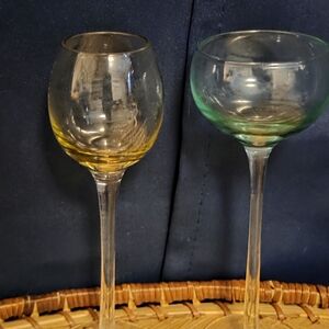 Vintage Colored Glass Cordial Shot Glasses Set of 2 Amber & Green MCM Barware